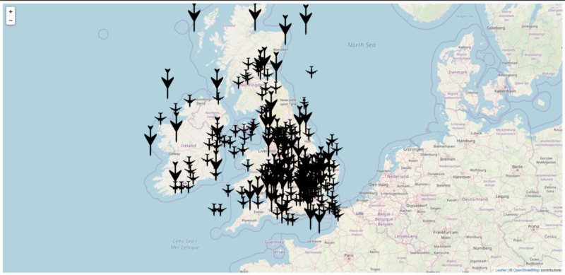 Dashboard showing planes of interest across the UK