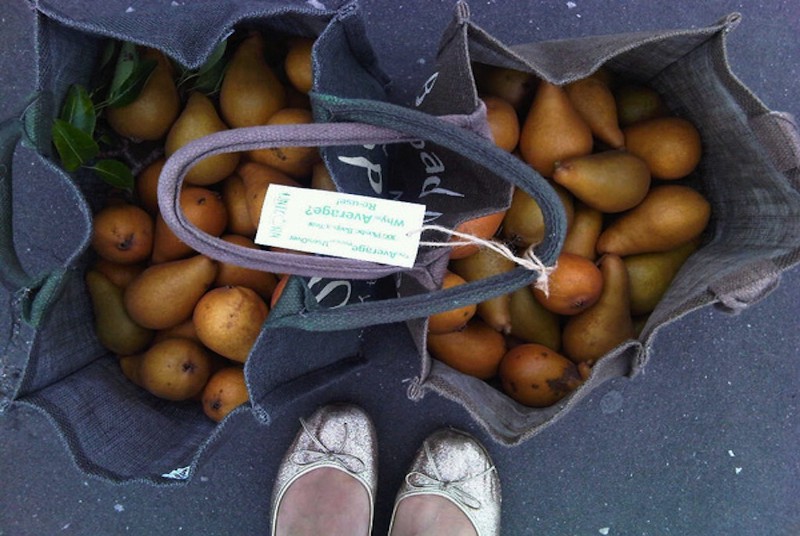 Two shopping bags full of fruit