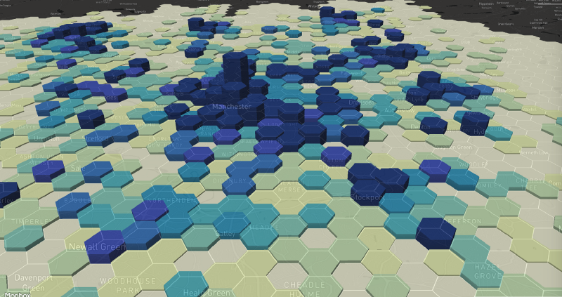 Map of Greater Manchester made up of different coloured hexagons