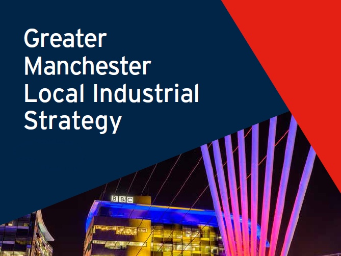 A graphic from the front cover of the Greater Manchester Local Industrial Strategy showing the BBC headquarters in Media City, Salford