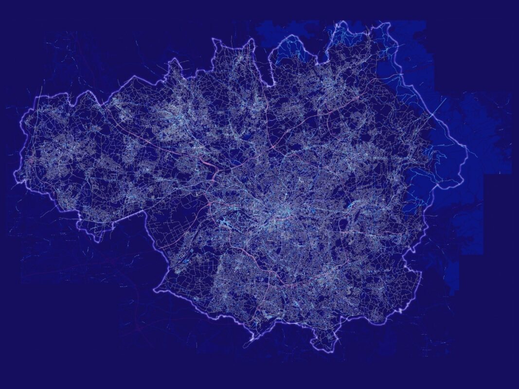 A blue map of Greater Manchester