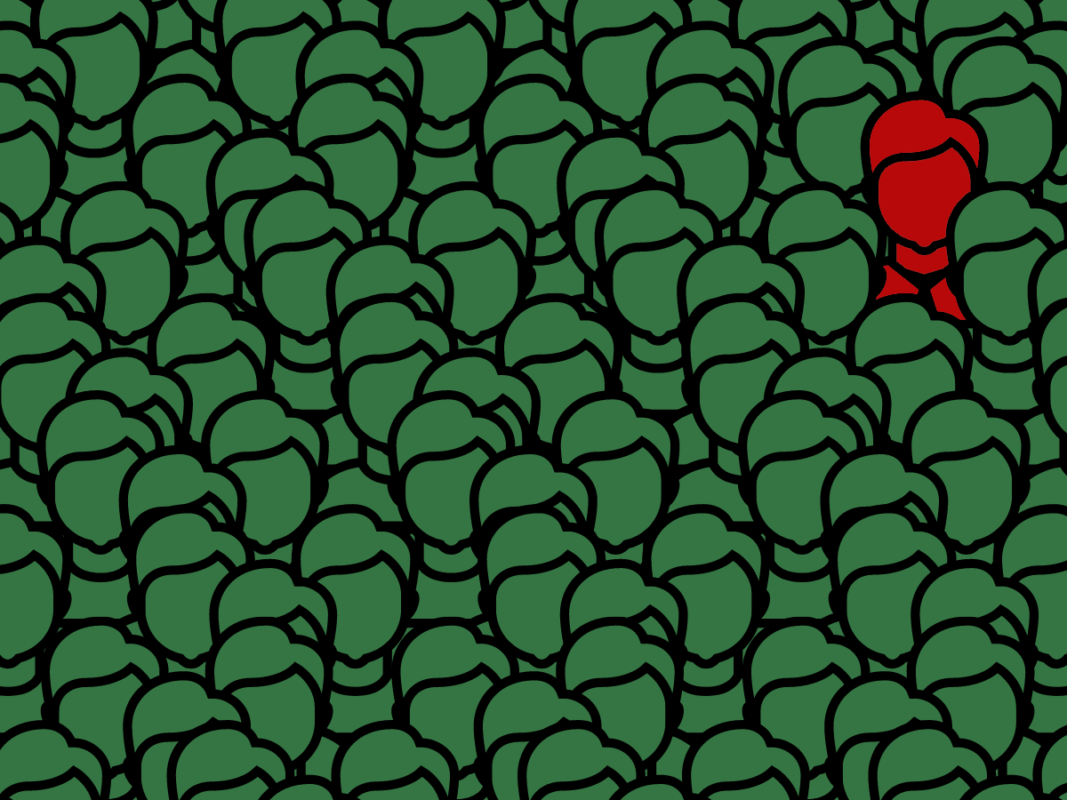 A crowd of cartoon graphics of a male individual all coloured green, with one picked out in red