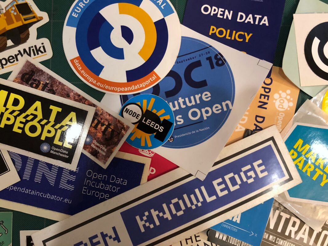 A photograph of a pile of different open-data stickers