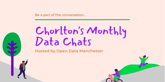 The words 'Our Streets Chorlton monthly data chats' on a light pink background in purple writing, with graphics of people taking part in active travel such as biking