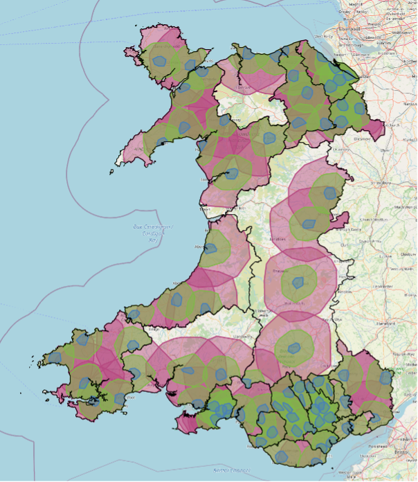 A map showing drive-time distances to Household Waste Recycling Centres in Wales affected by the English-Welsh border