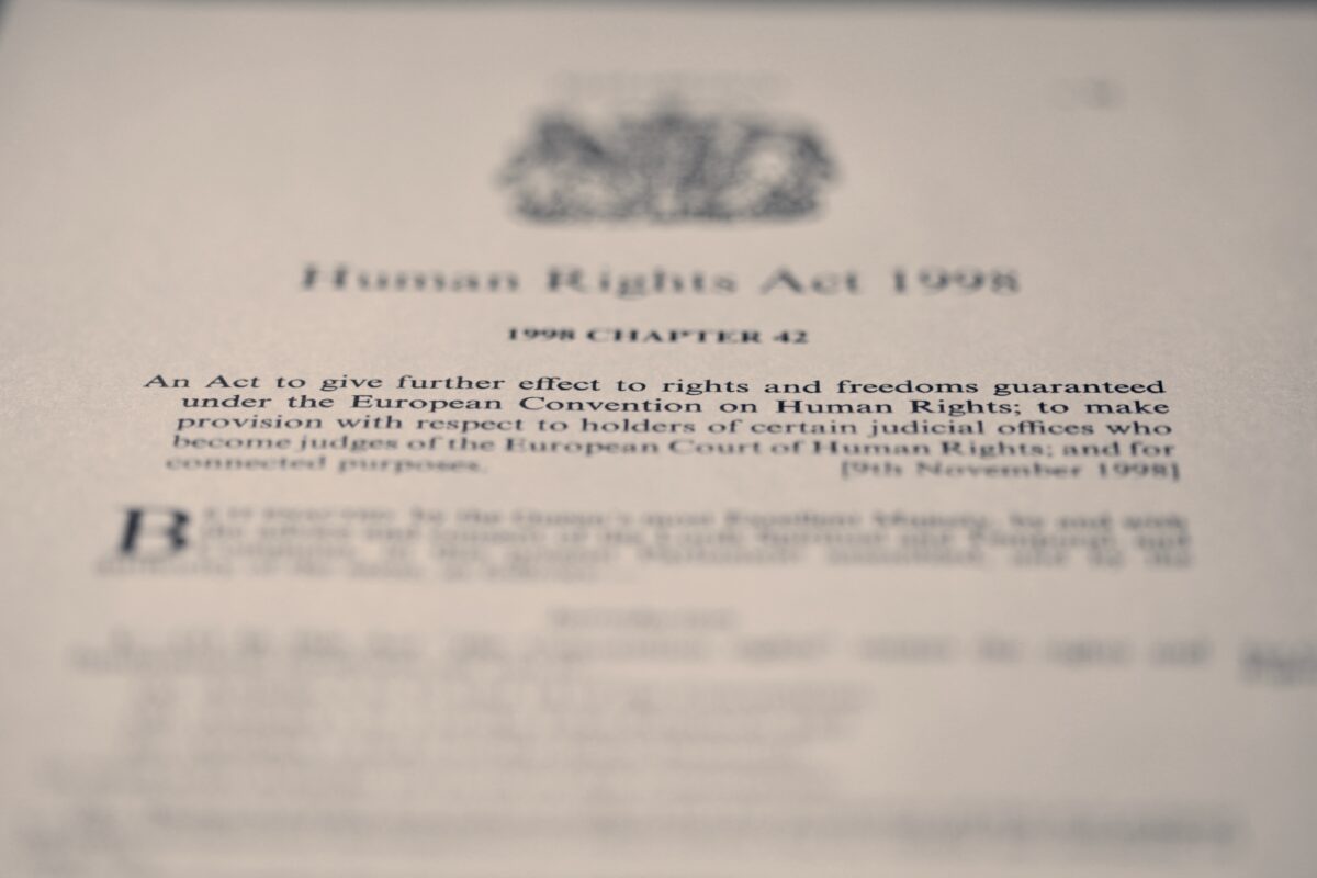 A photograph of the Humans Rights Act 1998 legislation document