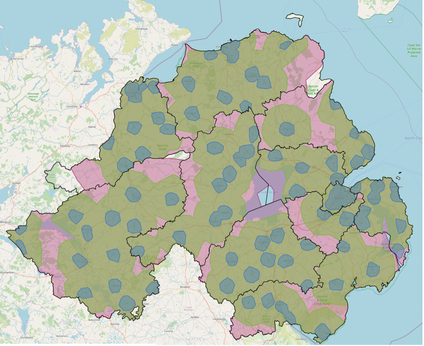 A map of recycling sites in Northern Ireland showing drive times to each site