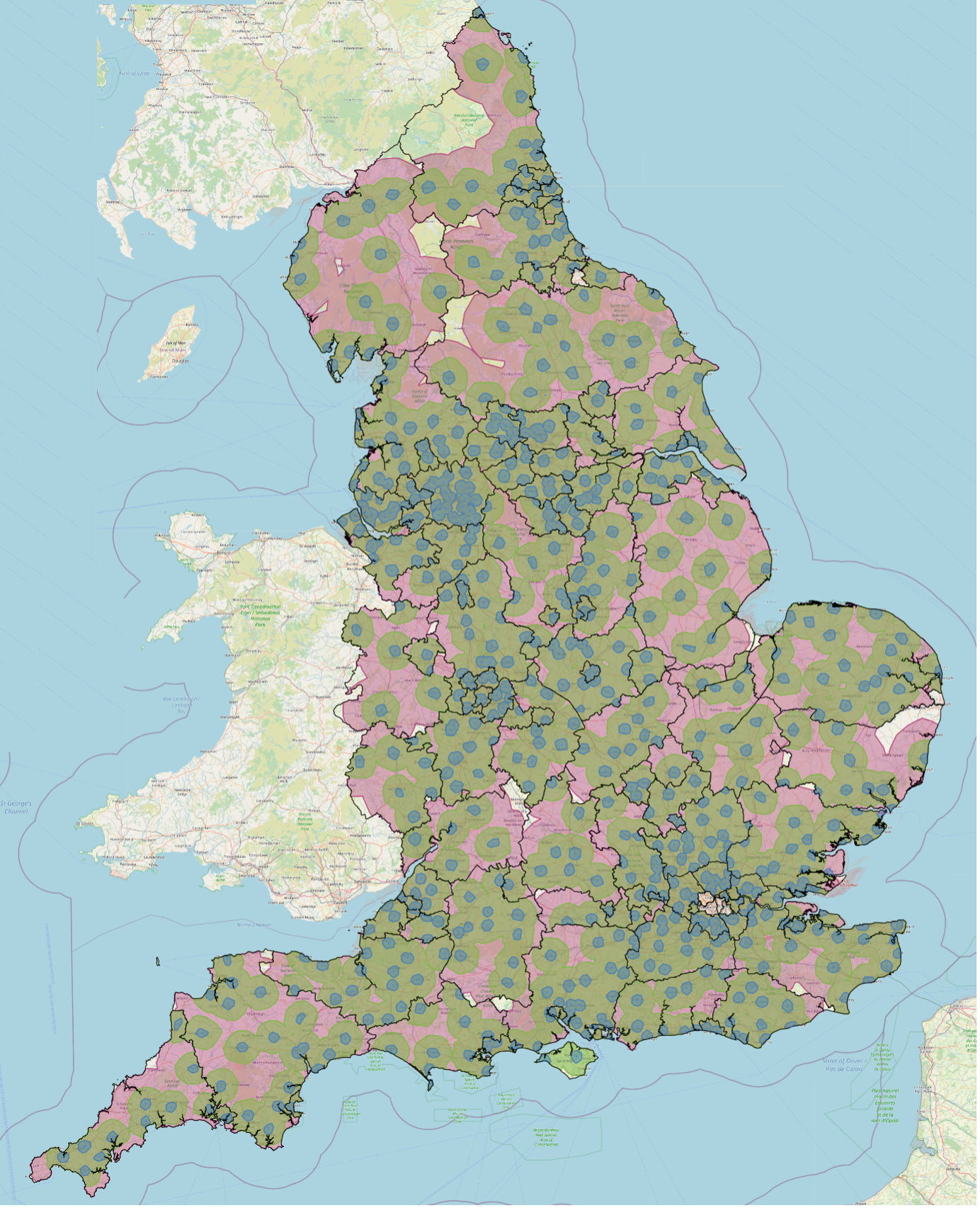 A map of recycling sites in England showing drive times to each site