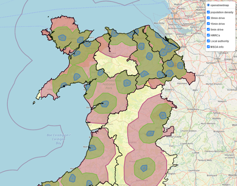 A map showing population density combined with driving distances to local waste sites in Wales