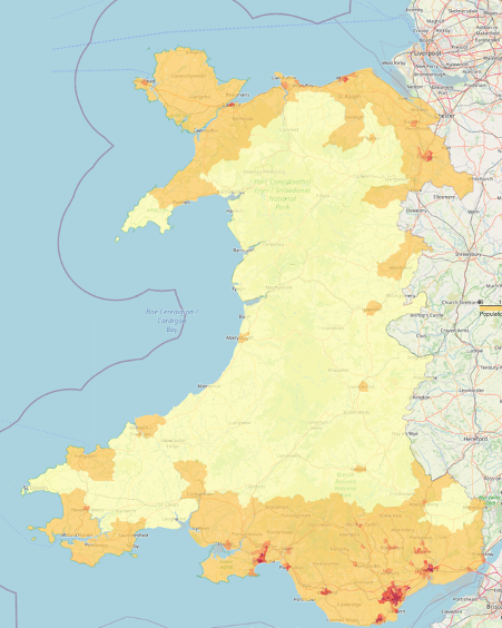 A map showing the population density of Wales