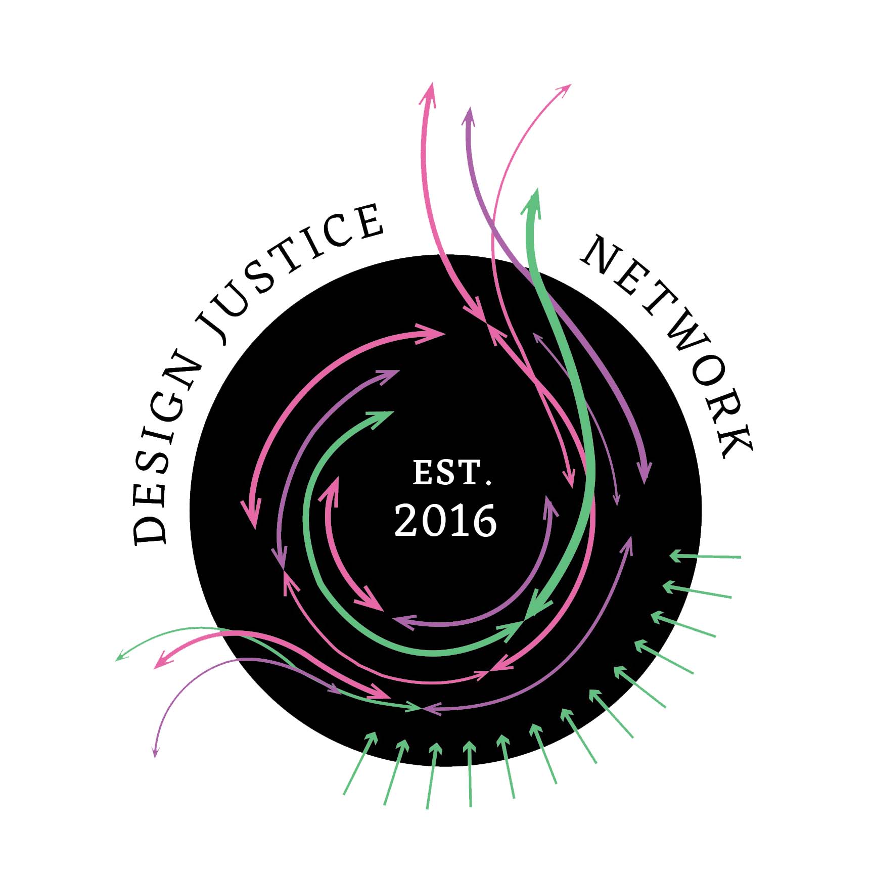 Black, green, pink and purple Design Justice Network logo.