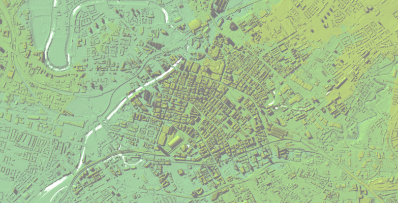 A green satellite image of a town.