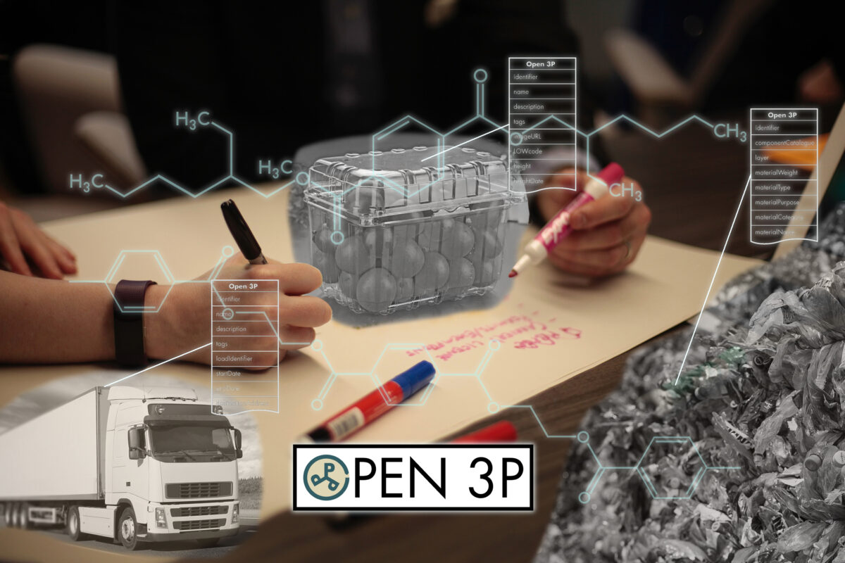 Composite image for the Open 3P standard showing a workshop table with two people with marker pens with overlays of a lorry, a punnet of tomatoes and compacted plastic bales. On top of this are the overlays of plastics molecules