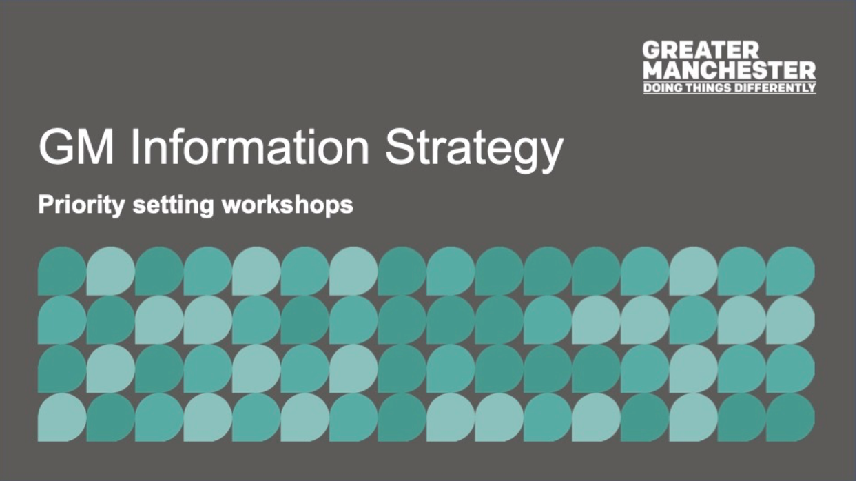 GM Information Strategy Priority Setting Workshops banner. It has a grey background, and images of speech bubble shapes in various shades of green.