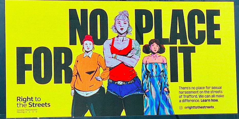 An outdoor advertising poster with three cartoon women standing in front of a sign that says 'no place for it'