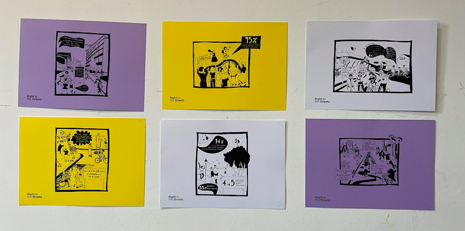 A photograph of purple, white and yellow cards created for a game exploring women's safety and belonging.