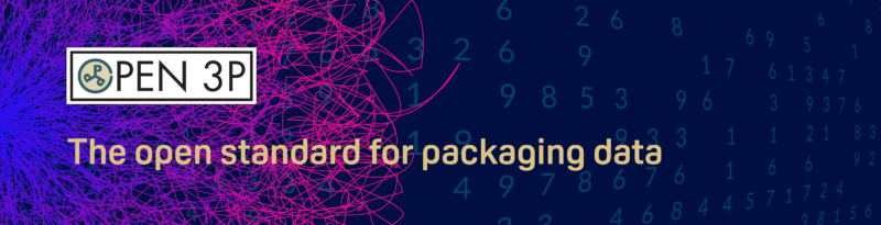 Open 3P Banner with Gold text reading The Open Standard for Packaging Data in gold with the Open 3P logo top left. The background is predominantly purple with pink squiggles on the left side