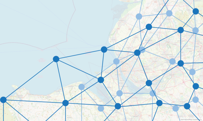 Network visualisation overlaid on a map of northwest England, showing interconnected nodes with varying connection strengths across Liverpool and surrounding areas.