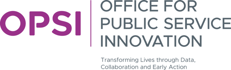 OPSI (Office for Public Service Innovation) logo with purple and grey text and the tagline "Transforming Lives through Data, Collaboration and Early Action".