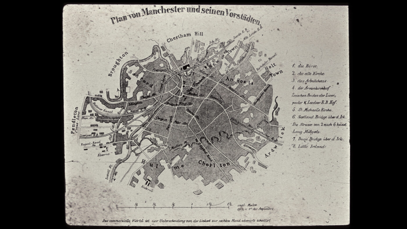 Hand drawn map of Manchester drawn by Engels and which was included in the first edition of The Plight of the English Working Classes
