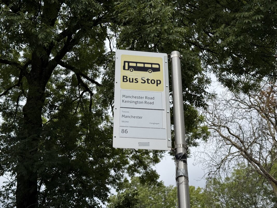 Image of a bus stop sign looking up. The background are the leaves of the trees