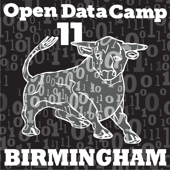 Open Data Camp 11 Birmingham logo featuring the Birmingham bull graphic on a black background