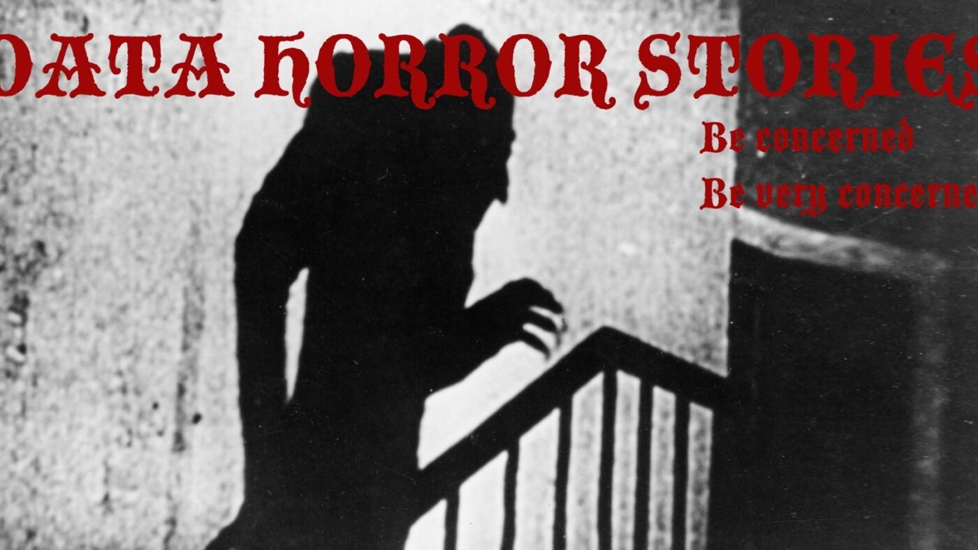 Nosferatu's shadow climbing the stairs with the Data Horror Stories text in red over the front