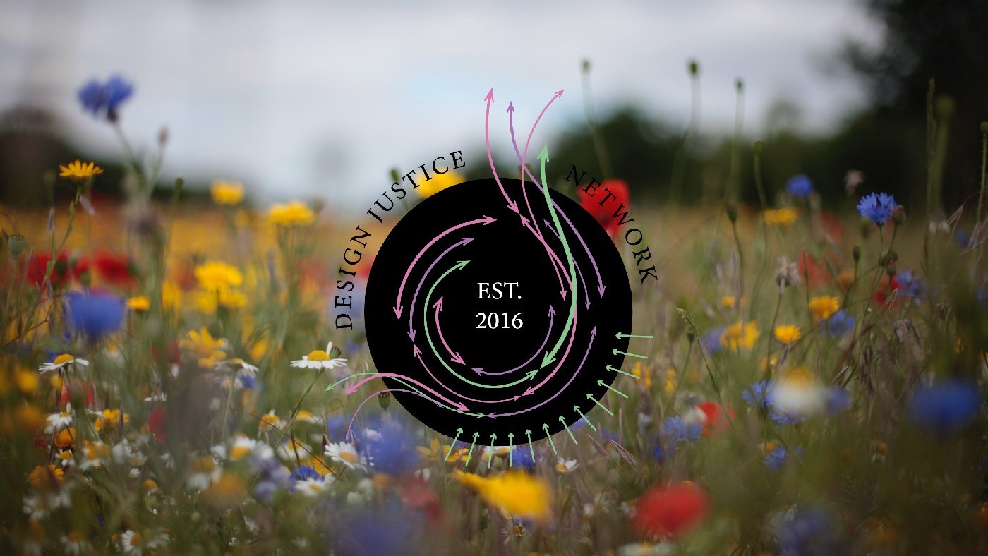 Design Justice Logo overlaid onto a field of wildflowers