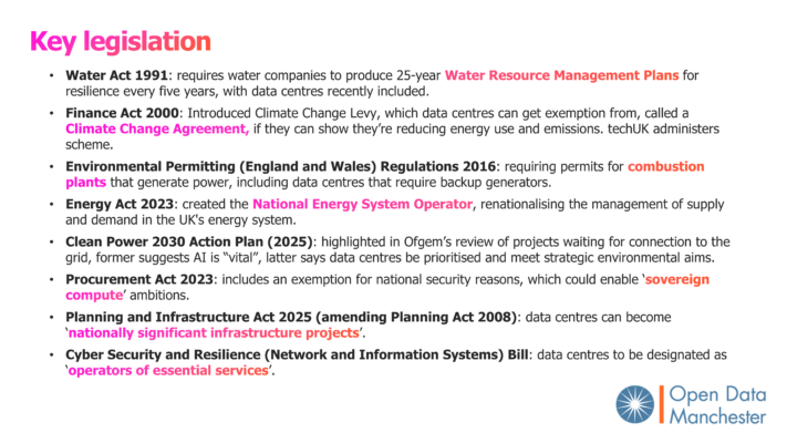 Water Act 1991: requires water companies to produce 25-year Water Resource Management Plans for resilience every five years, with data centres recently included. Finance Act 2000: Introduced Climate Change Levy, which data centres can get exemption from, called a Climate Change Agreement, if they can show they’re reducing energy use and emissions. techUK administers scheme. Environmental Permitting (England and Wales) Regulations 2016: requiring permits for combustion plants that generate power, including data centres that require backup generators. Energy Act 2023: created the National Energy System Operator, renationalising the management of supply and demand in the UK's energy system. Clean Power 2030 Action Plan (2025): highlighted in Ofgem’s review of projects waiting for connection to the grid, former suggests AI is “vital”, latter says data centres be prioritised and meet strategic environmental aims. Procurement Act 2023: includes an exemption for national security reasons, which could enable ‘sovereign compute’ ambitions. Planning and Infrastructure Act 2025 (amending Planning Act 2008): data centres can become ‘nationally significant infrastructure projects’. Cyber Security and Resilience (Network and Information Systems) Bill: data centres to be designated as ‘operators of essential services’.